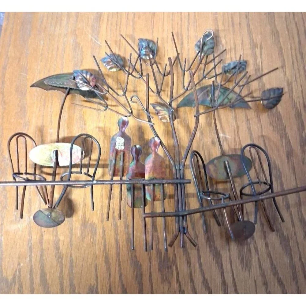 Vintage 1974 Enesco Copper Wall Art Sculpture With Tree Umbrellas & Chairs Made